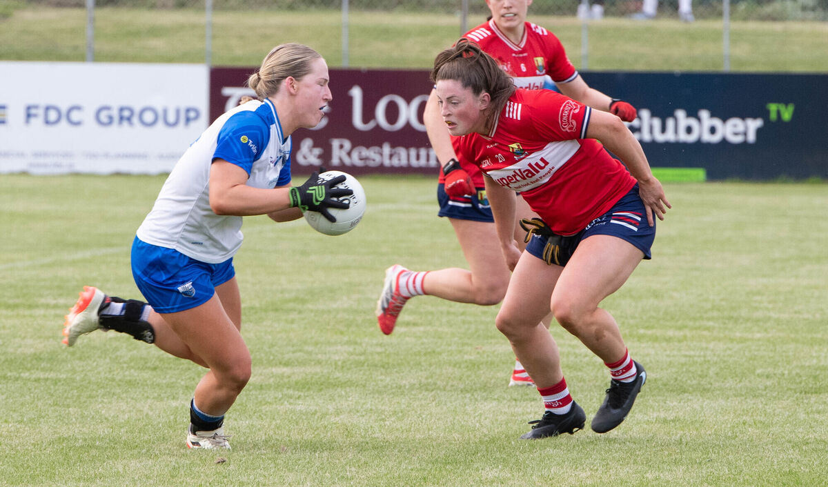 Waterford's Brid McMaugh is challenged by Cork's Dara Kiniry during their TG4 LGFA All-Ireland Senior Championship match at the Fraher Field, Dungarvan. Picture: Howard Crowdy