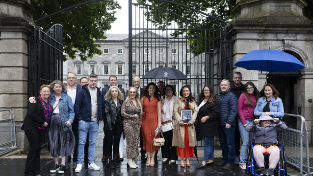 <p>Families of children living with Duchenne Muscular Dystrophy join Fianna Fáil Senator Teresa Costello outside the gates of Leinster House, as it was announced that the drug Givinostat looks set for approval.  Photo: Sam Boal/Collins Photos </p>