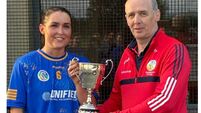Padraic Treacy chairman cork Camogie Board presents the Junior C league trophy to Amy Horgan Carrigtwohill.jpg Busy week for juvenile camogie as finals take place on several nights to keep everyone busy in Castle Road