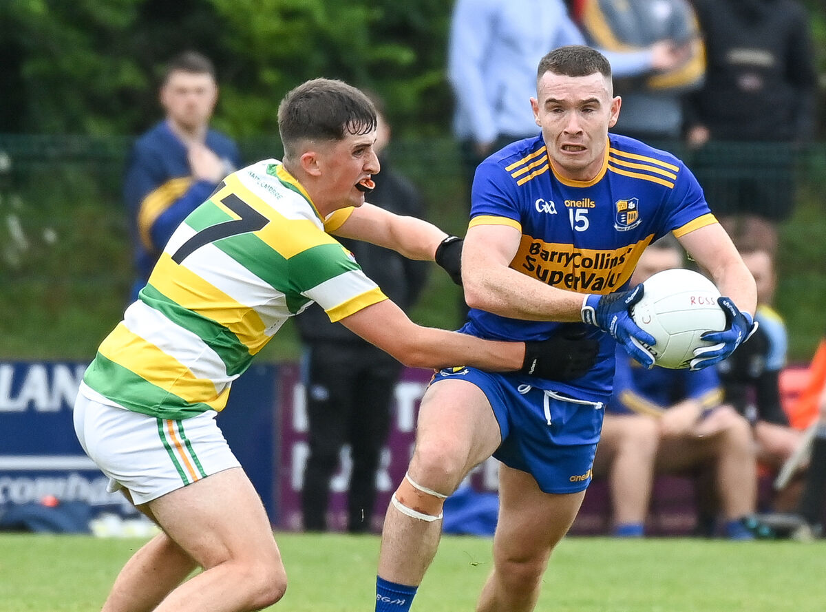  Carrigaline's Éanna Desmond is tackled by Carbery Rangers' Sam Linehan. Picture: David Keane