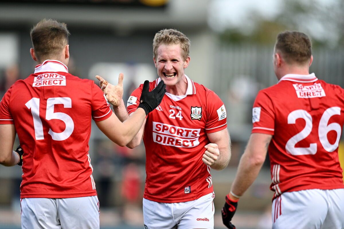 Ruairí Deane of Cork celebrates with Steven Sherlock and Brian Hurley after victory over Tyrone that sealed promotion to Division 1. Picture: Oliver McVeigh/Sportsfile Ruairí Deane of Cork celebrates with Steven Sherlock and Brian Hurley after victory over Tyrone that sealed promotion to Division 1. Picture: Oliver McVeigh/Sportsfile