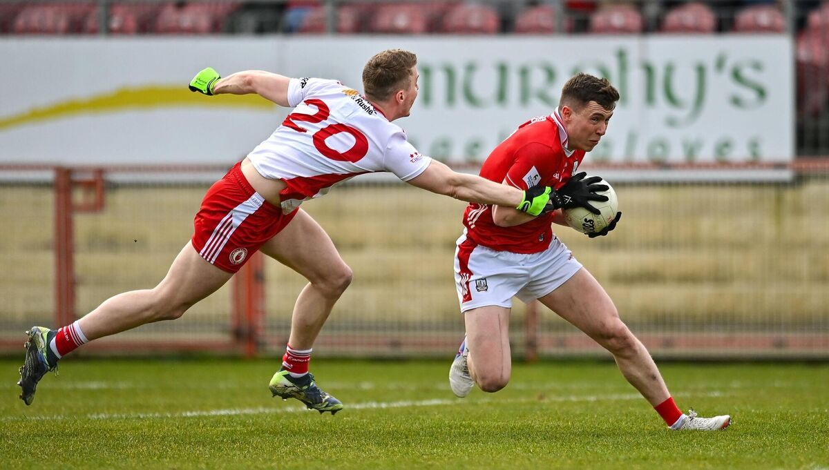 Luke Fahy of Cork in action against Ben McDonnell of Tyrone. Picture: Oliver McVeigh/Sportsfile Luke Fahy of Cork in action against Ben McDonnell of Tyrone. Picture: Oliver McVeigh/Sportsfile