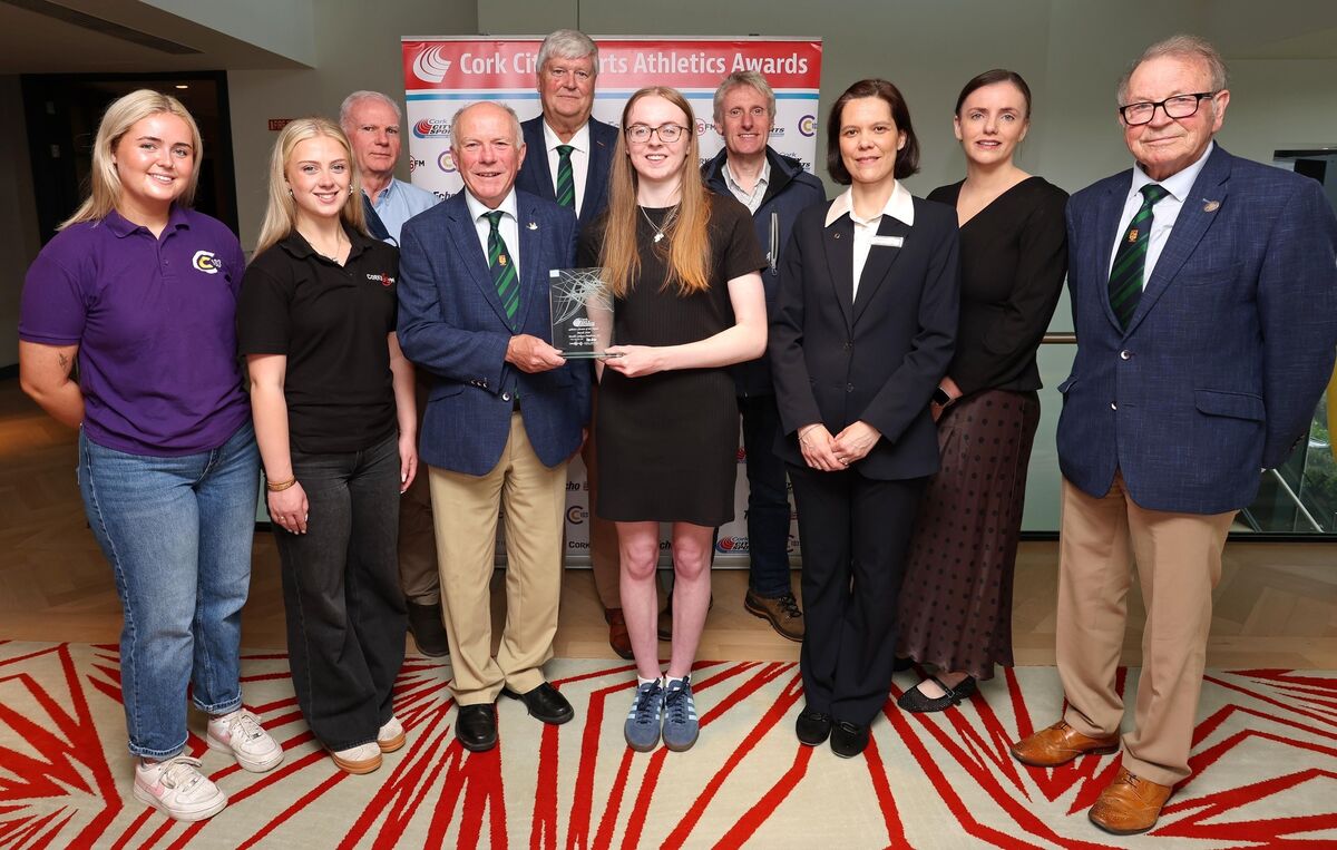 Pictured is Ray Shanahan, Cork City Sports Chairperson presenting the March Award to Meabh Corkery, Midleton AC, also included are, Grace Lynch, C103, Caitlin O'Callaghan, Cork's 96 FM, Donal Murnane, Mark Walk, both Cork City Sports, George Duggan, Cork Crystal, Gabriella Favory, The River Lee Hotel, Mary Riordan, The Echo and Frank Walley, Cork City Sports President, at the presentation of the Cork City Sports Athlete of the Month Awards for February, March, April and May 2026, at The River Lee Hotel, Cork. 
