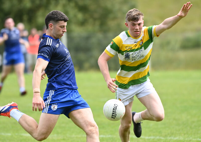 Knocknagree's Timmy O'Connor shoots from Carbery Rangers' Pádraig Tobin. Picture: Eddie O'Hare Knocknagree's Timmy O'Connor shoots from Carbery Rangers' Pádraig Tobin. Picture: Eddie O'Hare