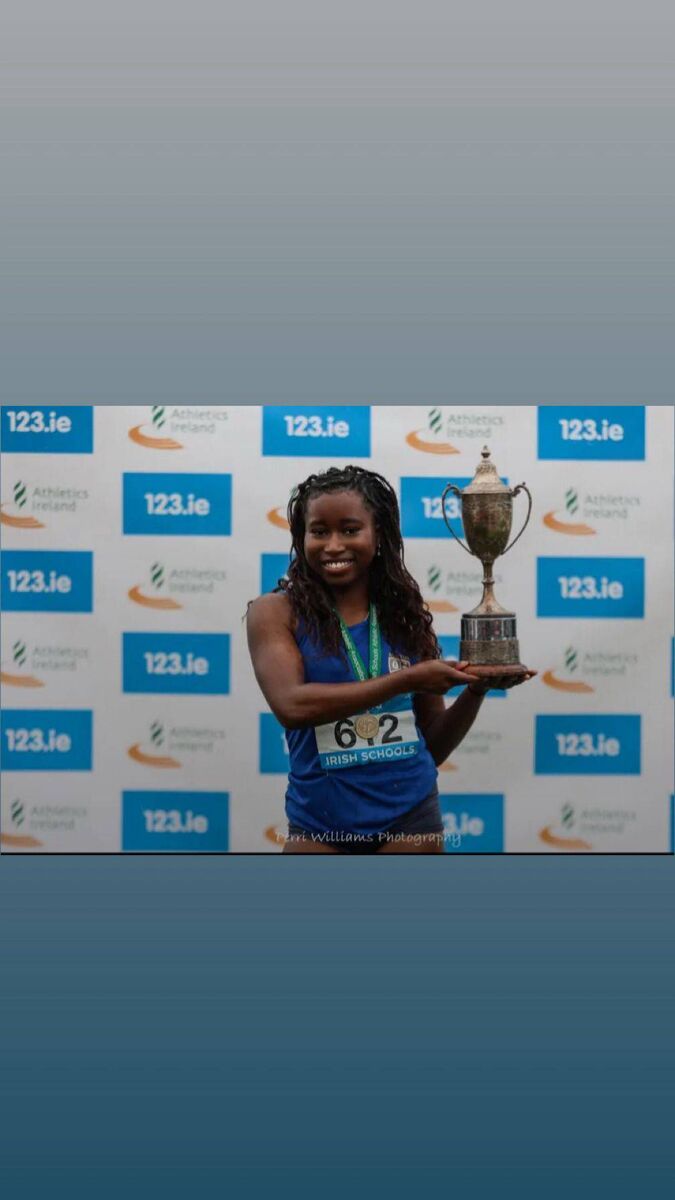 A delighted Tiffany Nwaedozie with the cup after the 100m race at the 123.ie All-Ireland Schools Championships at Tullamore. A delighted Tiffany Nwaedozie with the cup after the 100m race at the 123.ie All-Ireland Schools Championships at Tullamore.