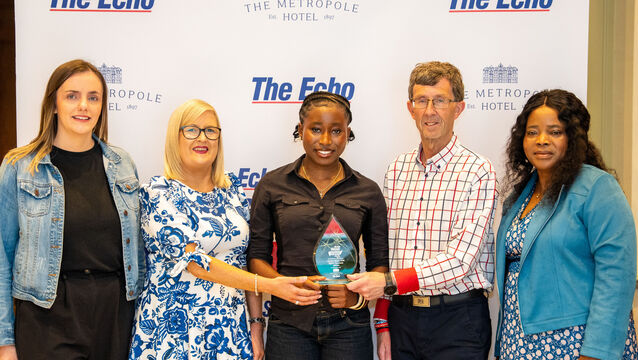 <p>Tiffany Nwaedozie, is presented with The Echo Women in Sports Award for May at The Metropole Hotel by Mary Riordan, The Echo; Janice Casey, Metropole Hotel; Rory Noonan, The Echo, with  Stella Nwaedozie, Tiffany's mother. Picture: Noel Sweeney</p>