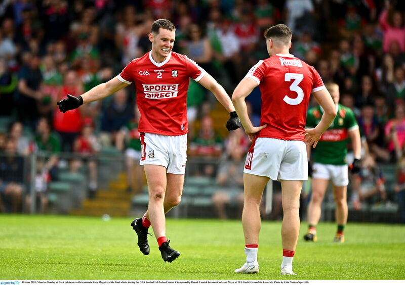Maurice Shanley celebrates with Rory Maguire after Cork's win over Mayo in the All-Ireland SFC game at TUS Gaelic Grounds in 2023. Picture: Eóin Noonan/Sportsfile