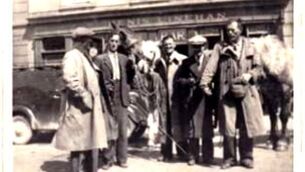 <p>Patsy Hunter's father James holding a horse at Cahirmee Horse Fair in Buttevant. He died aged 40 while working in London on New Year's Eve, 1955, and Patsy recalls as a boy seeing his coffin arriving at Cork Docks</p>
