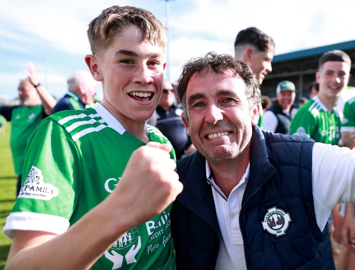 Ballincolig's Ollie Power, scorer of the winning points in the final, celebrating with his father Ed after the victory. Picture: Thomas Flinkow/Sportsfile Ballincolig's Ollie Power, scorer of the winning points in the final, celebrating with his father Ed after the victory. Picture: Thomas Flinkow/Sportsfile
