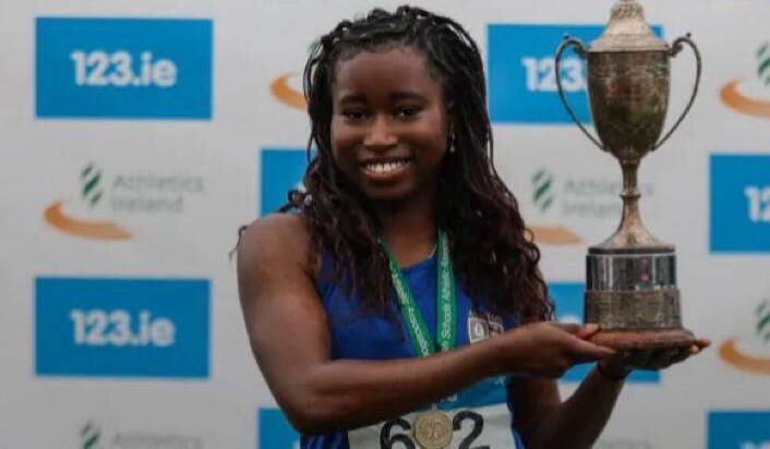 A delighted Tiffany Nwaedozie with the cup after the 100m race at the Schools National Championships. A delighted Tiffany Nwaedozie with the cup after the 100m race at the Schools National Championships.