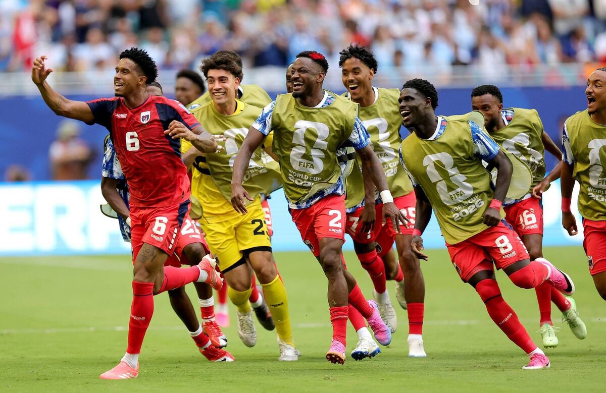 Kevin Pina #6 of Cabo Verde celebrates with teammates after scoring the team's first goal during the FIFA World Cup 2026 Group H match against Uruguay at Miami Stadium Florida. Picture: Alex Slitz/Getty Images