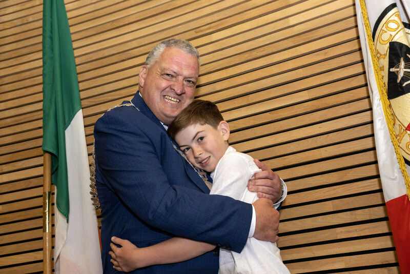 Mr Moynihan gets a big hug from his son Fiachra after his election as The Mayor of the County of Cork. Picture: Brian Lougheed. Mr Moynihan gets a big hug from his son Fiachra after his election as The Mayor of the County of Cork. Picture: Brian Lougheed.