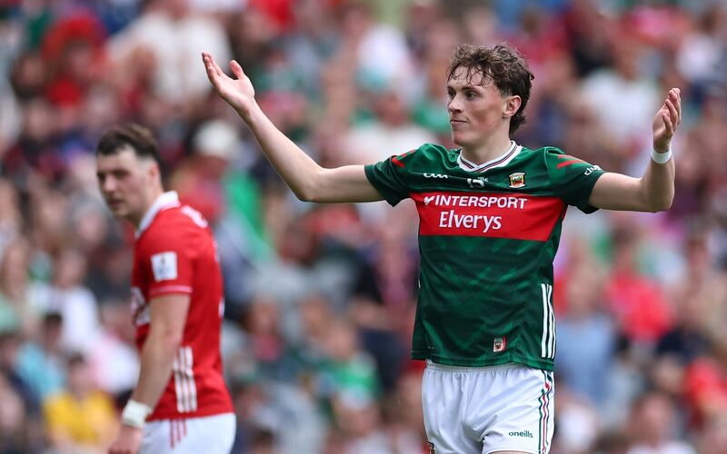 Mayo’s Kobe McDonald reacts late in the game against Cork. Picture: James Crombie/INPHO
