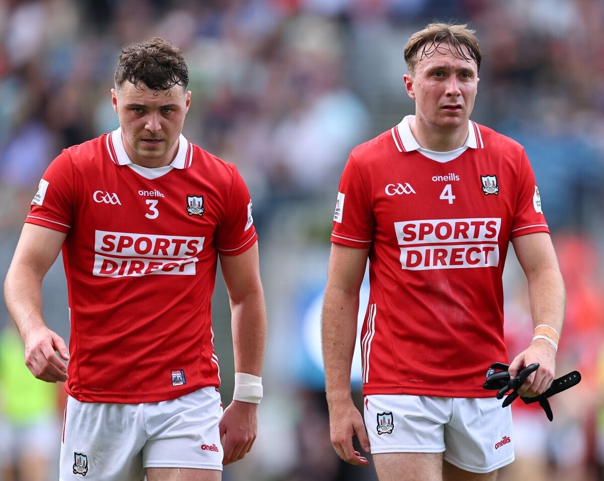 Cork’s Daniel O'Mahony and Seán Meehan dejected after defeat to Mayo. Picture: James Crombie/INPHO
