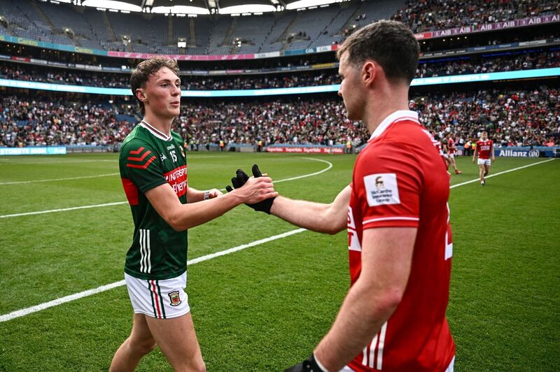 Kobe McDonald of Mayo with Maurice Shanley of Cork after the game. Picture: Ben McShane/Sportsfile Kobe McDonald of Mayo with Maurice Shanley of Cork after the game. Picture: Ben McShane/Sportsfile