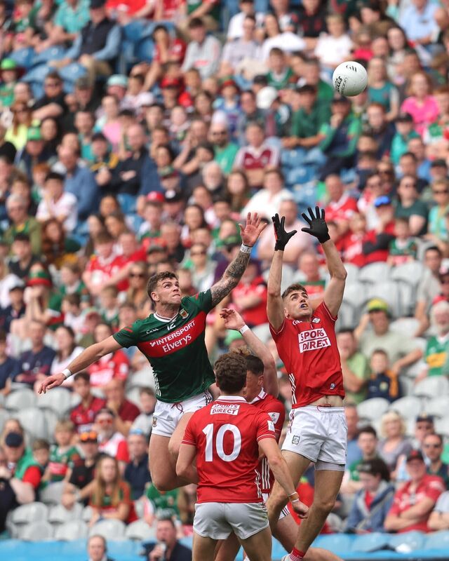 FLYING HIGH: Mayo's Jordan Flynn and lan Maguire of Cork under a kick-out. Picture: INPHO/Bryan Keane