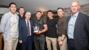 <p>John Lyne with Jim Cashman Heineken Ireland with members of Ringmahon Rangers who won Senior team of the year at the MSL Annual Awards night that took place at The Kiln, Heineken, Cork. - Picture: David Creedon</p>