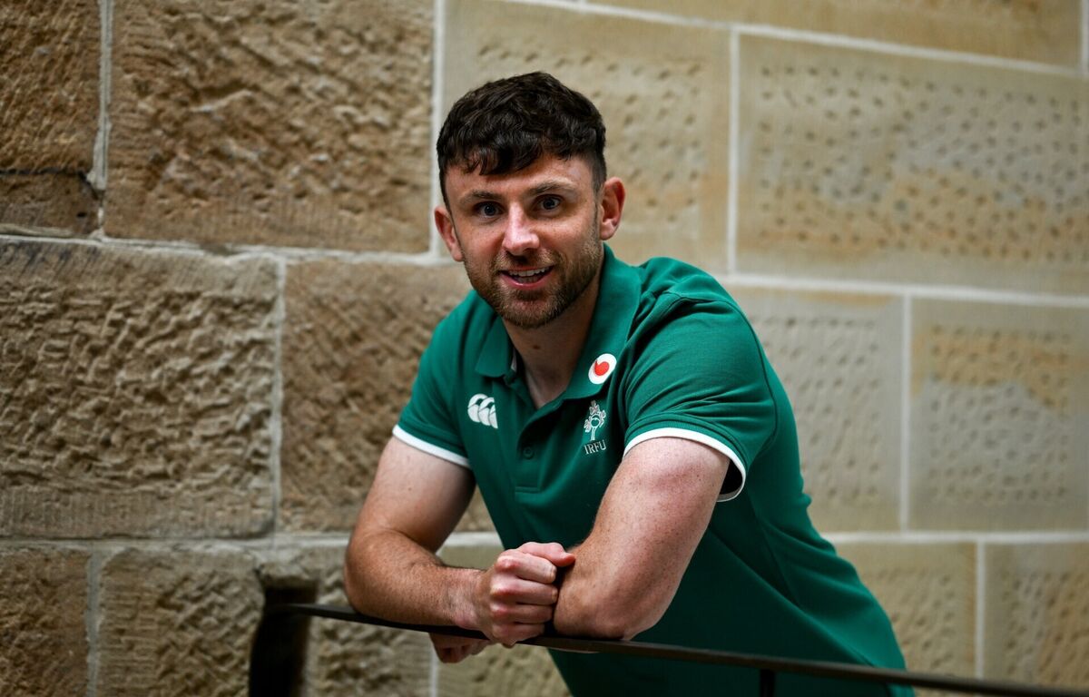 Hugo Keenan poses for a portrait after an Ireland rugby media conference at the Intercontinental Hotel in Sydney, Australia. Photo by Brendan Moran/Sportsfile Hugo Keenan poses for a portrait after an Ireland rugby media conference at the Intercontinental Hotel in Sydney, Australia. Photo by Brendan Moran/Sportsfile