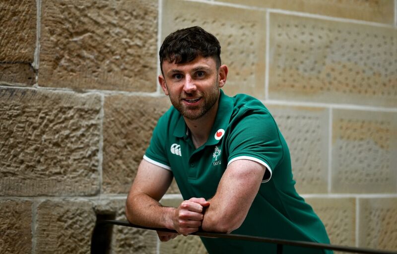 Hugo Keenan poses for a portrait after an Ireland rugby media conference at the Intercontinental Hotel in Sydney, Australia. Photo by Brendan Moran/Sportsfile Hugo Keenan poses for a portrait after an Ireland rugby media conference at the Intercontinental Hotel in Sydney, Australia. Photo by Brendan Moran/Sportsfile