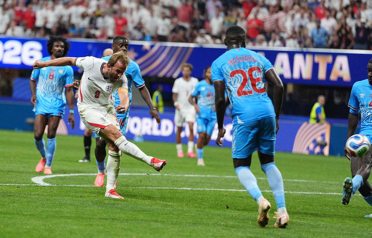 England's Harry Kane scores the side's second goal in the Round of 32 match against DR Congo at Atlanta Stadium. England's Harry Kane scores the side's second goal in the Round of 32 match against DR Congo at Atlanta Stadium.