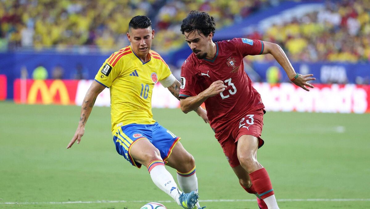 Colombia's midfielder James Rodriguez and Portugal's Vitinha fight for the ball during their final Group K football match at the Miami Stadium last Saturday. Picture: PATRICIA DE MELO MOREIRA / AFP via Getty Images Colombia's midfielder James Rodriguez and Portugal's Vitinha fight for the ball during their final Group K football match at the Miami Stadium last Saturday. Picture: PATRICIA DE MELO MOREIRA / AFP via Getty Images