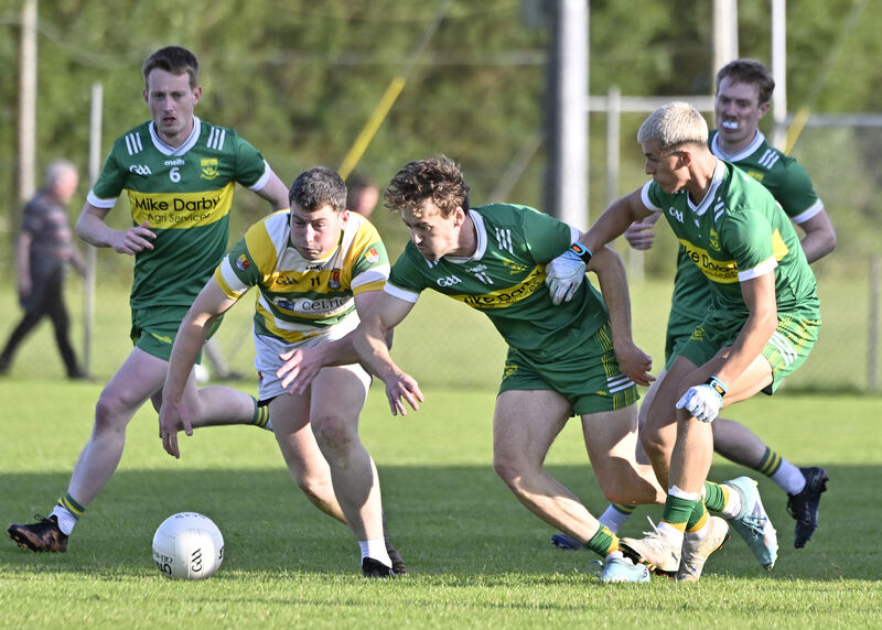 Div 7 League Final Aaron Hayes (St. James) about to get the ball ahead of Mark Hodnett (Carbery Rangers) as Joe O'Sullivan and Conor Whelton provide support during the McCarthy Insurance Group 7 Football League final in Clonakilty. Picture: Martin Walsh. Div 7 League Final Aaron Hayes (St. James) about to get the ball ahead of Mark Hodnett (Carbery Rangers) as Joe O'Sullivan and Conor Whelton provide support during the McCarthy Insurance Group 7 Football League final in Clonakilty. Picture: Martin Walsh.