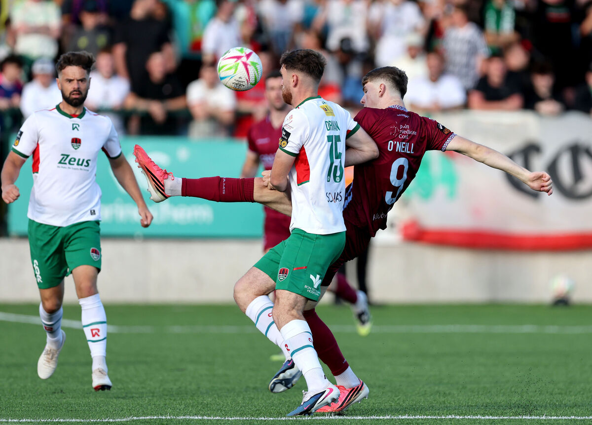 Kai O'Neill, Cobh Ramblers, battles Conor Drinan, Cork City FC. Picture: Jim Coughlan. Kai O'Neill, Cobh Ramblers, battles Conor Drinan, Cork City FC. Picture: Jim Coughlan.