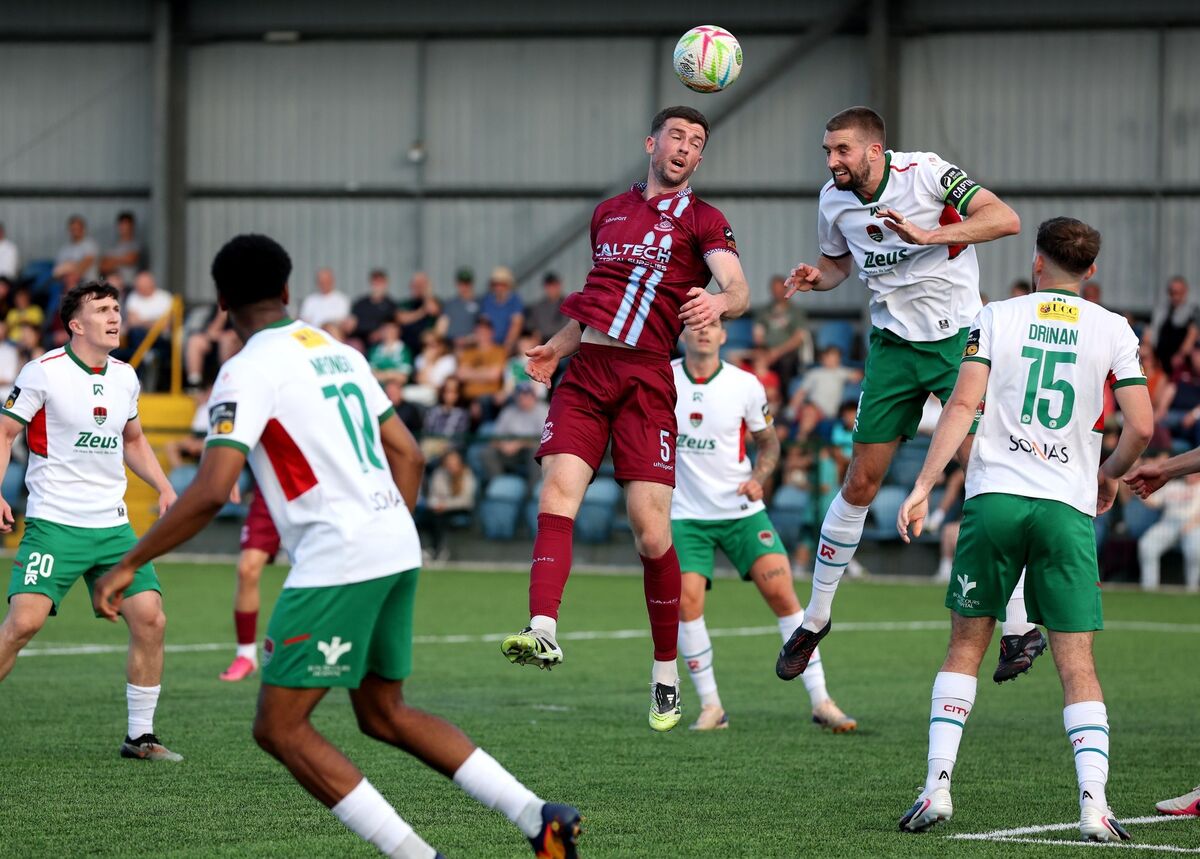 Breandan Frahill, Cobh Ramblers, and Fiacre Kelleher, Cork City FC, battle for the high ball. Picture: Jim Coughlan. Breandan Frahill, Cobh Ramblers, and Fiacre Kelleher, Cork City FC, battle for the high ball. Picture: Jim Coughlan.