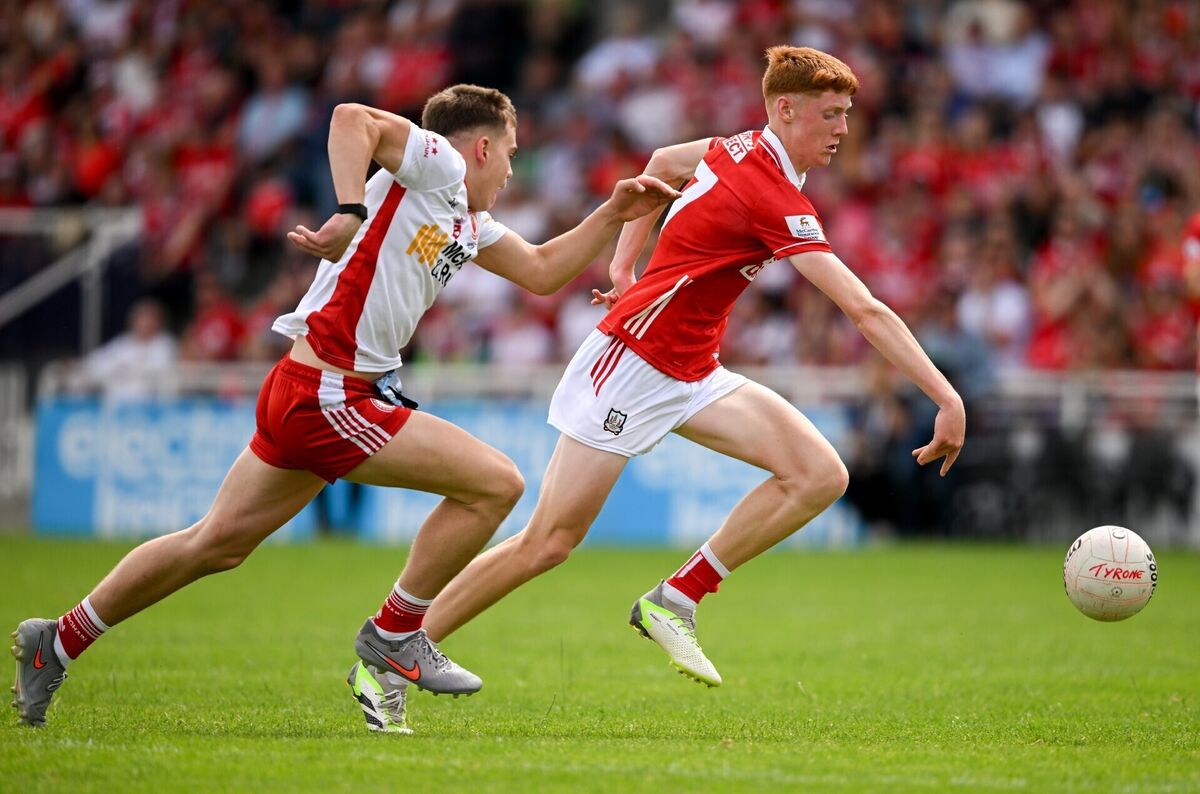 Éanna Lynch of Cork in action against Conall Shevlin of Tyrone. Picture: Sam Barnes/Sportsfile Éanna Lynch of Cork in action against Conall Shevlin of Tyrone. Picture: Sam Barnes/Sportsfile