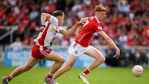 <p>Éanna Lynch of Cork in action against Conall Shevlin of Tyrone. Picture: Sam Barnes/Sportsfile</p> <p>Éanna Lynch of Cork in action against Conall Shevlin of Tyrone. Picture: Sam Barnes/Sportsfile</p>