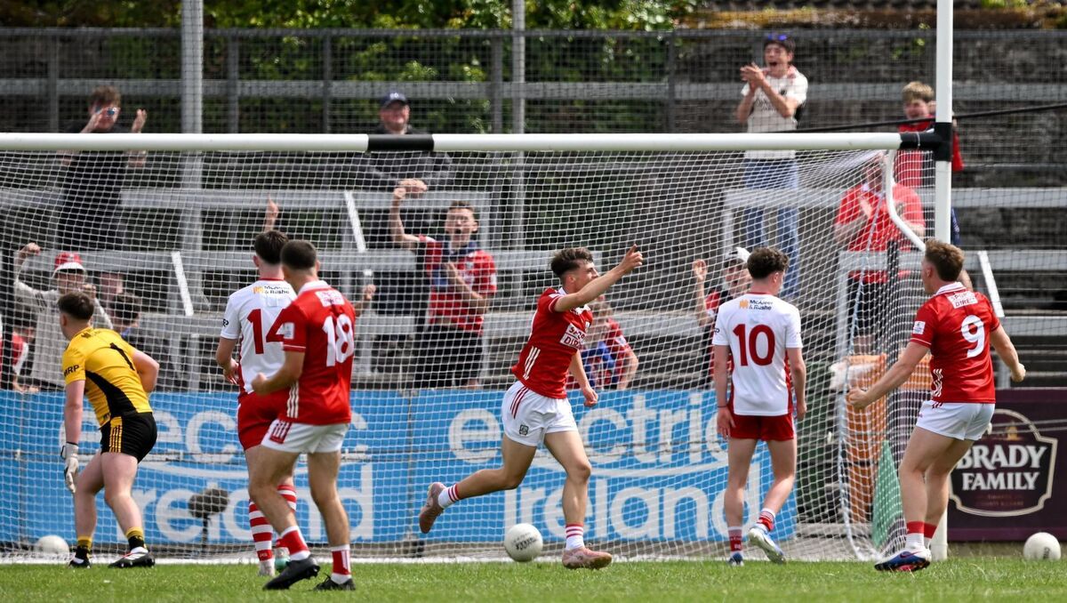 Alex O'Herlihy of Cork celebrates after scoring his side's first goal against Tyrone. Picture: Sam Barnes/Sportsfile