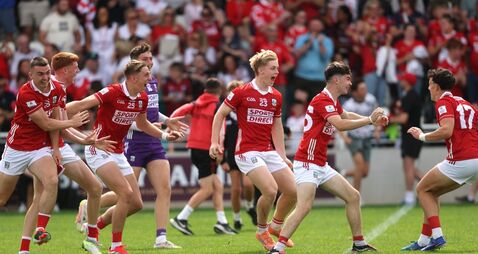 Cork players celebrate at the final whistle  5/7/2026