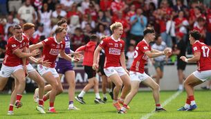 <p>Cork players celebrate at the final whistle. Picture: Bryan Keane/INPHO</p>