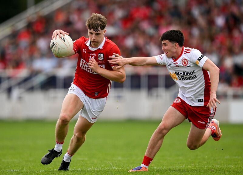 Jacob Barry of Cork in action against Aidan Farley of Tyrone. Picture: Sam Barnes/Sportsfile Jacob Barry of Cork in action against Aidan Farley of Tyrone. Picture: Sam Barnes/Sportsfile