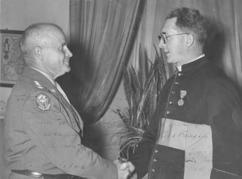 Lt Gen John C.H. Lee presenting the US Medal of Freedom to Monsignor Hugh O'Flaherty in Rome in 1946. Lt Gen John C.H. Lee presenting the US Medal of Freedom to Monsignor Hugh O'Flaherty in Rome in 1946.