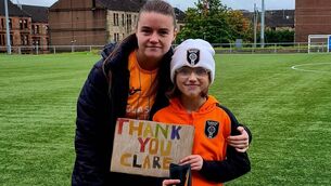 <p>Clare Shine with a young fan at Sunday's win for Glasgow City, Shine's final game as a professional footballer. Pic: Glasgow City FC</p>