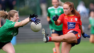 <p>Aghada's Roisin Phelan in action against Ali Hayes of Éire Óg. Phelan scored 1-4 for her side in their Cork Credit Unions Division One ladies football league final win over Mourneabbey. Picture: Jim Coughlan</p> <p>Aghada's Roisin Phelan in action against Ali Hayes of Éire Óg. Phelan scored 1-4 for her side in their Cork Credit Unions Division One ladies football league final win over Mourneabbey. Picture: Jim Coughlan</p>