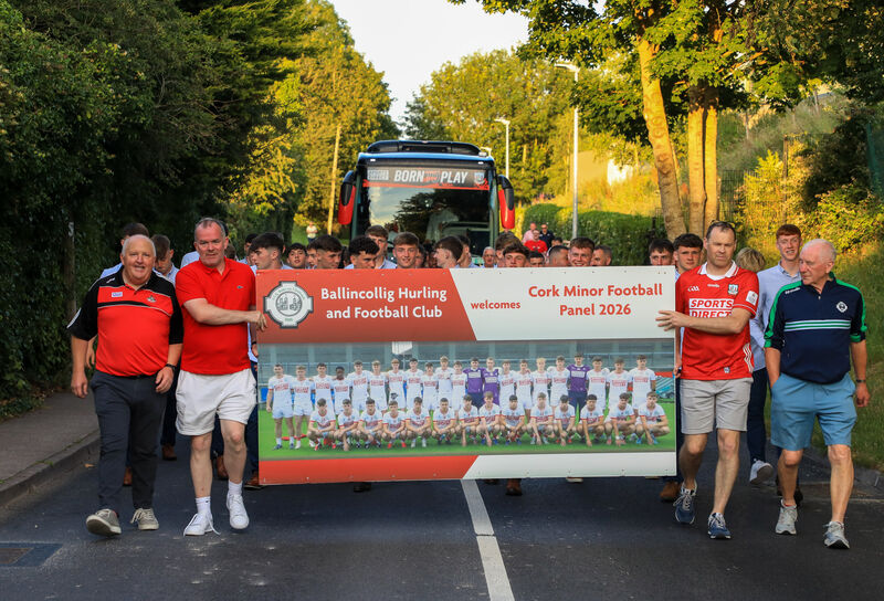 The Cork team parade behind a banner on their arrival for the homecoming of the minor footballers at Ballincollig GAA after they defeated Tyrone in the All-Ireland final. Picture: David Creedon The Cork team parade behind a banner on their arrival for the homecoming of the minor footballers at Ballincollig GAA after they defeated Tyrone in the All-Ireland final. Picture: David Creedon