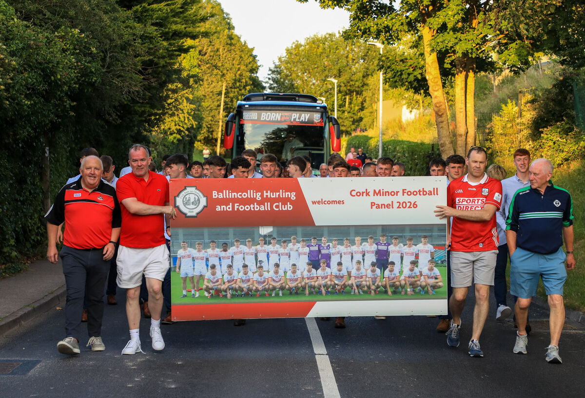 The Cork team parade behind a banner on their arrival for the homecoming of the minor footballers at Ballincollig GAA after they defeated Tyrone in the All-Ireland final. Picture: David Creedon The Cork team parade behind a banner on their arrival for the homecoming of the minor footballers at Ballincollig GAA after they defeated Tyrone in the All-Ireland final. Picture: David Creedon