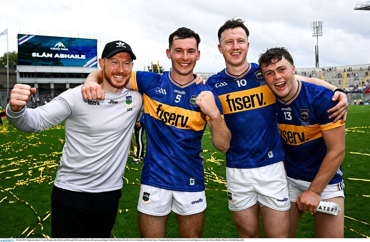 Tipperary players Craig Morgan, Jake Morris and Darragh McCarthy celebrate with sport psychologist Cathal Sheridan in 2025. Picture: Seb Daly/Sportsfile Tipperary players Craig Morgan, Jake Morris and Darragh McCarthy celebrate with sport psychologist Cathal Sheridan in 2025. Picture: Seb Daly/Sportsfile