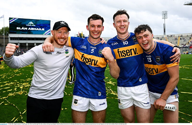 Tipperary players Craig Morgan, Jake Morris and Darragh McCarthy celebrate with sport psychologist Cathal Sheridan in 2025. Picture: Seb Daly/Sportsfile Tipperary players Craig Morgan, Jake Morris and Darragh McCarthy celebrate with sport psychologist Cathal Sheridan in 2025. Picture: Seb Daly/Sportsfile