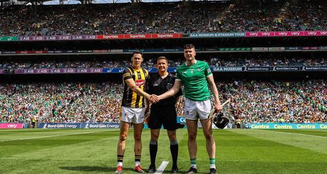 Richie Reid, Colm Lyons and Declan Hannon during the coin toss 17/7/2022