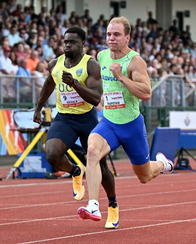 Anej Prapotnik of Slovenia, right, leads Bori Akinola of Ireland, who finished second, on his way to winning the SuperValu Men's 100m. Picture: Sam Barnes/Sportsfile Anej Prapotnik of Slovenia, right, leads Bori Akinola of Ireland, who finished second, on his way to winning the SuperValu Men's 100m. Picture: Sam Barnes/Sportsfile