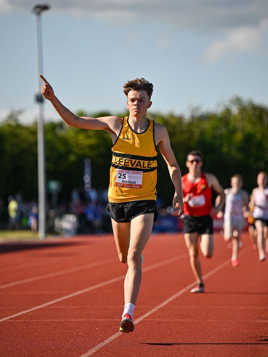 Luke Merrigan of Leevale AC celebrates winning the The River Lee Hotel Junior Men's 1500m. Picture: Sam Barnes/Sportsfile Luke Merrigan of Leevale AC celebrates winning the The River Lee Hotel Junior Men's 1500m. Picture: Sam Barnes/Sportsfile