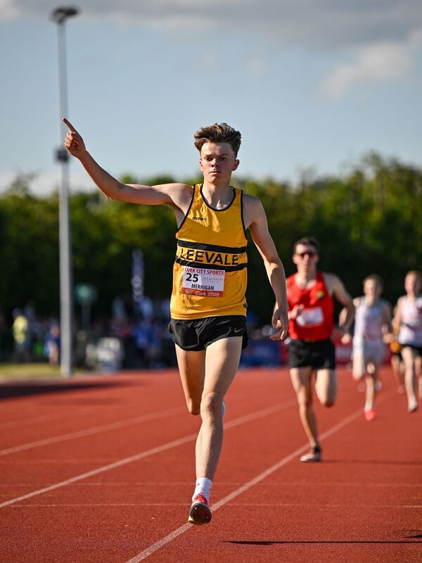 Luke Merrigan of Leevale AC celebrates winning the The River Lee Hotel Junior Men's 1500m. Picture: Sam Barnes/Sportsfile Luke Merrigan of Leevale AC celebrates winning the The River Lee Hotel Junior Men's 1500m. Picture: Sam Barnes/Sportsfile