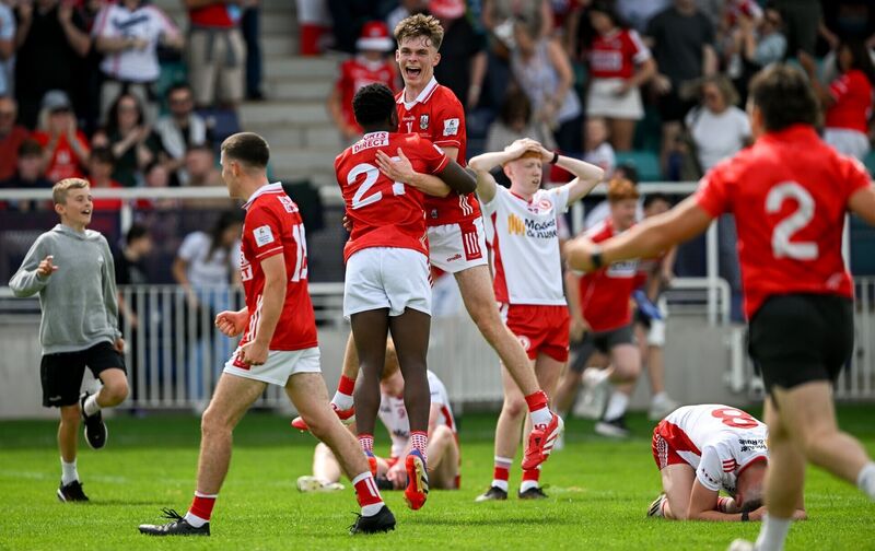 Cork celebrate as Tyrone drop to their knees. Picture: Sam Barnes/Sportsfile Cork celebrate as Tyrone drop to their knees. Picture: Sam Barnes/Sportsfile