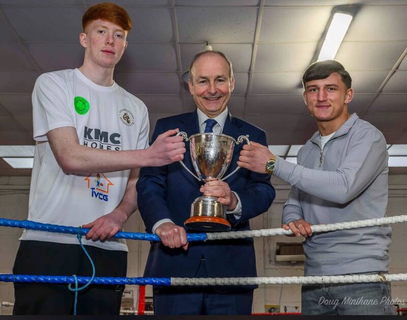 Cork Boxing: William Heaphy, Taoiseach Michael Martin and Kuba Pielzs with the Paddy Martin Cup. Cork Boxing: William Heaphy, Taoiseach Michael Martin and Kuba Pielzs with the Paddy Martin Cup.