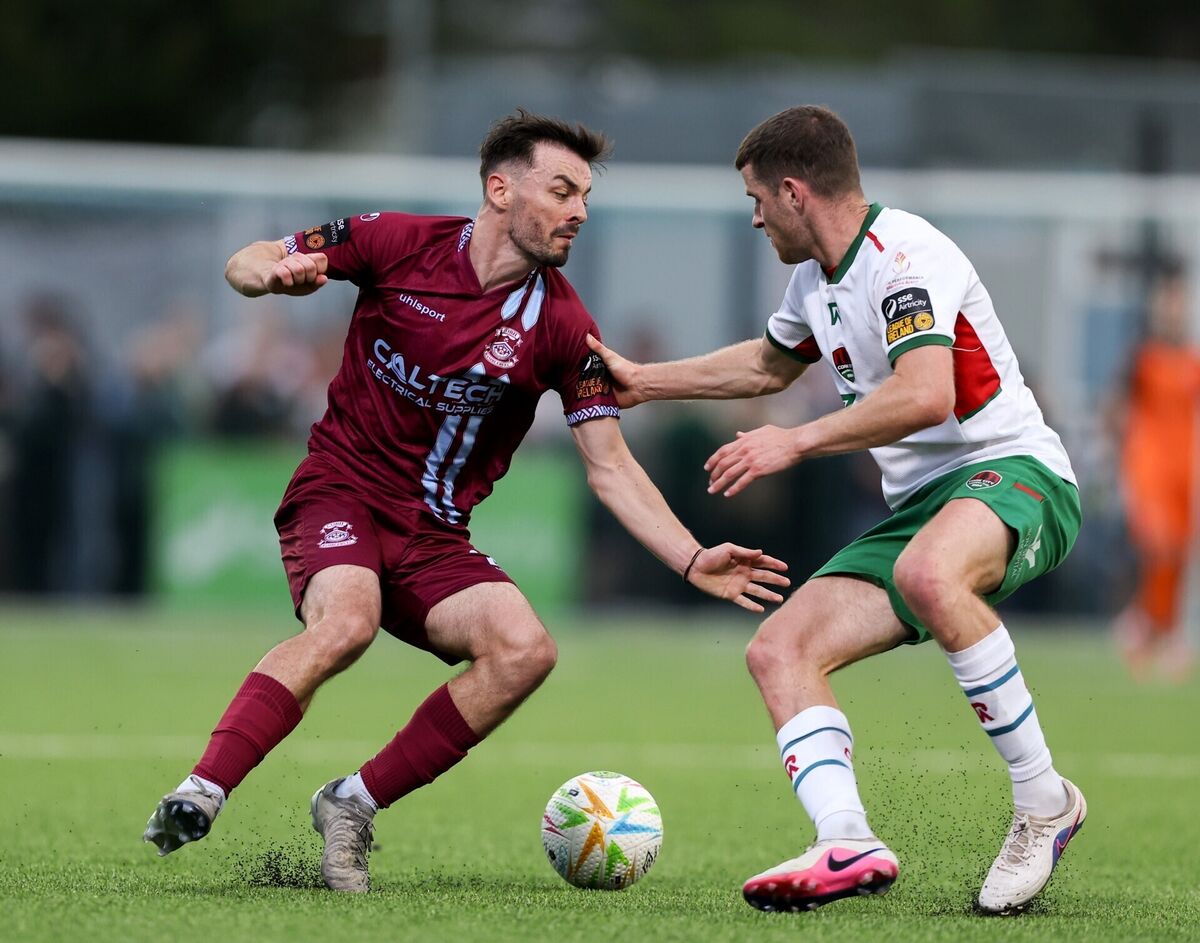 Shane Griffin of Cobh Ramblers in action against Darragh Crowley of Cork City. Picture: Michael P Ryan/Sportsfile Shane Griffin of Cobh Ramblers in action against Darragh Crowley of Cork City. Picture: Michael P Ryan/Sportsfile