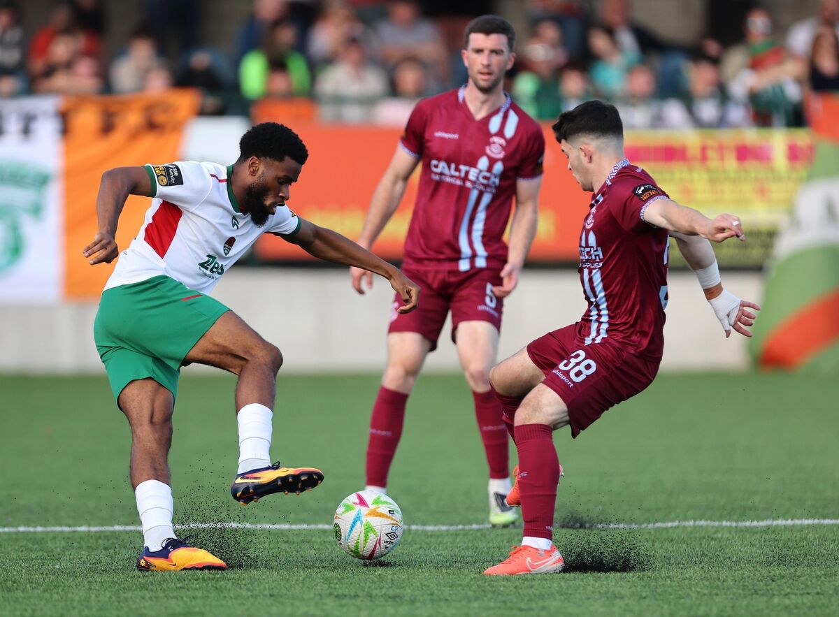 Luka Le Bervet, Cobh Ramblers, tackles Hans Mpongo, Cork City FC. Picture: Jim Coughlan. Luka Le Bervet, Cobh Ramblers, tackles Hans Mpongo, Cork City FC. Picture: Jim Coughlan.