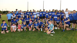 <p>Sarsfields players, mentors and supporters celebrate after defeating Midleton in the final of Division 1 of the RedFM Hurling League at Carrigtwohill on Friday night. Picture: Eddie O'Hare</p>